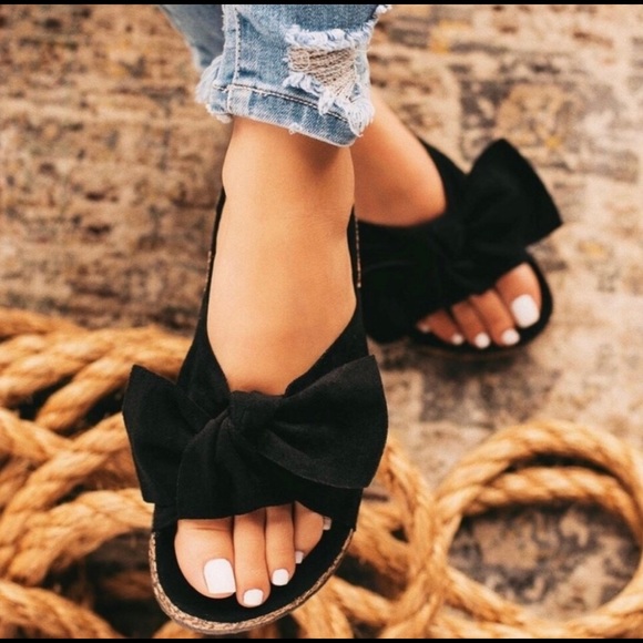 Shoes - Black Bow Knot Cork Slides Sandals